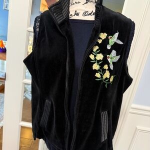 Vest, Black Cotton Velvet, Custom Embroidered, Zip Front, Sz L (12-14)